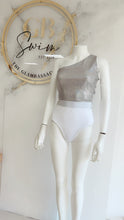 Load image into Gallery viewer, WHITE RIBBED & SILVER SPARKLE ONE SHOULDER SWIMSUIT