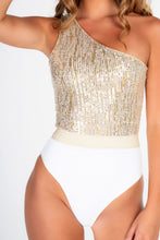 Load image into Gallery viewer, White & gold sequin assymetric belted Swimsuit
