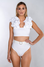 Load image into Gallery viewer, ROSE WHITE RUFFLE SHOULDER HIGH WAIST BIKINI