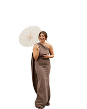Load image into Gallery viewer, REBECCA CAPE SHOULDER RUCHED FISHTAIL DRESS