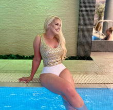 Load image into Gallery viewer, BRIDAL WHITE &amp; GOLD SEQUIN SCOOP NECK SWIMSUIT