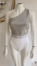 Load image into Gallery viewer, WHITE RIBBED &amp; SILVER SEQUIN ONE SHOULDER SWIMSUIT