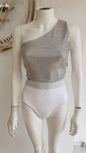 WHITE RIBBED & SILVER SEQUIN ONE SHOULDER SWIMSUIT