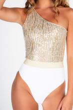 Load image into Gallery viewer, White &amp; gold sequin assymetric belted Swimsuit