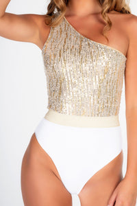 White & gold sequin assymetric belted Swimsuit
