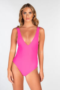 PINK JEWEL STRAP BACKLESS RUCHE BUM SWIMSUIT