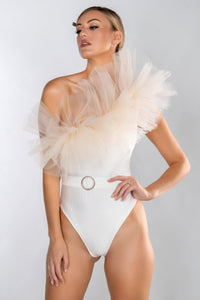 BRIDE TO BE ONE SHOULDER RUFFLE SWIMSUIT.