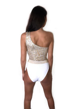 Load image into Gallery viewer, Gold &amp; White lurex one shoulder Swimsuit