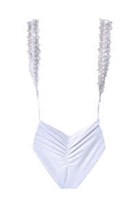WHITE PEARL STRAP BACKLESS SWIMSUIT