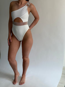 LUXE WHITE RIB ONE SHOULDER CUT OUT SWIMSUIT.