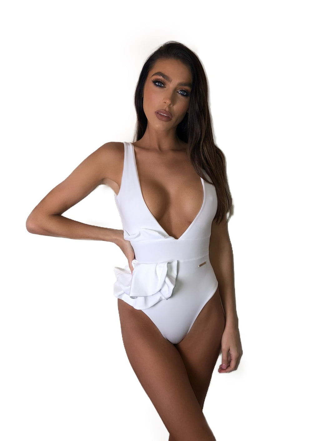 WHITE PLUNGE FRONT SWIMSUIT