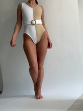 Load image into Gallery viewer, WHITE &amp; NUDE CONTRAST SCOOP NECK BELTED SWIMSUIT