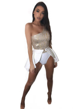 Load image into Gallery viewer, WHITE &amp; GOLD ONE SHOULDER ASSYMETRIC BELTED SWIMSUIT