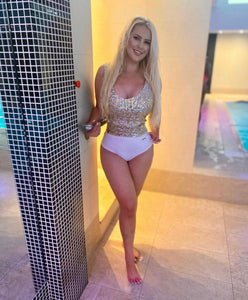 WHITE & GOLD LUREX SCOOP NECK BELTED SWIMSUIT