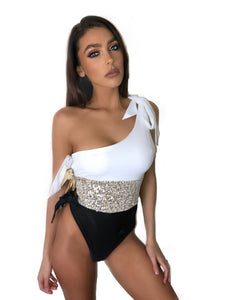 CONTRAST SEQUIN 3 PANEL ONE SHOULDER TIE SIDE SWIMSUIT